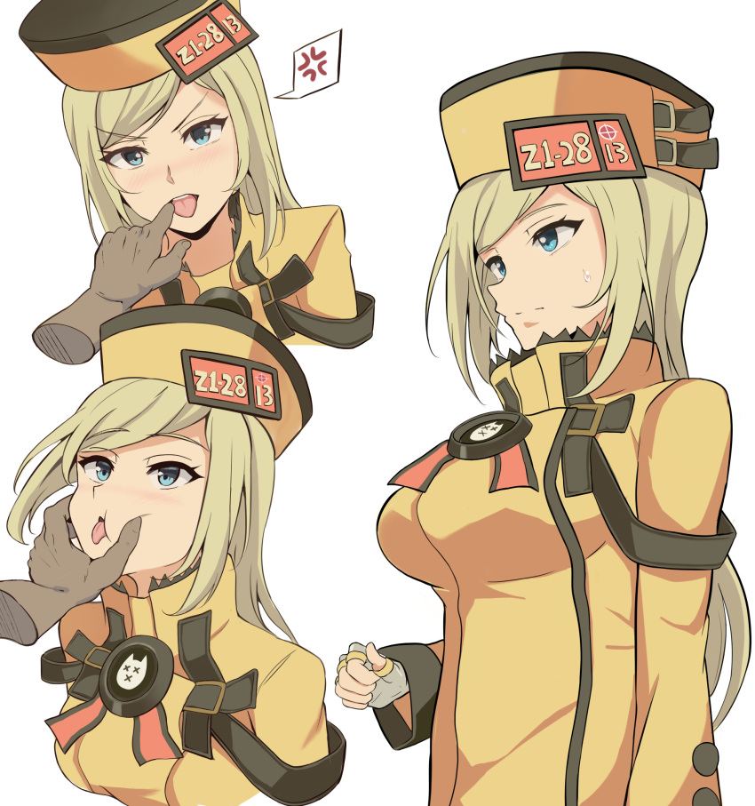 anger_vein bangs blonde_hair blue_eyes blush breasts closed_mouth clothes_writing disembodied_limb eyebrows_visible_through_hair finger_in_another's_mouth fingerless_gloves gloves grabbing guilty_gear guilty_gear_xrd hat highres jacket large_breasts long_hair long_sleeves looking_at_viewer millia_rage nose_blush open_mouth orange_hat orange_jacket spoken_anger_vein sweatdrop swept_bangs tongue tongue_out verseir_001 very_long_hair white_gloves