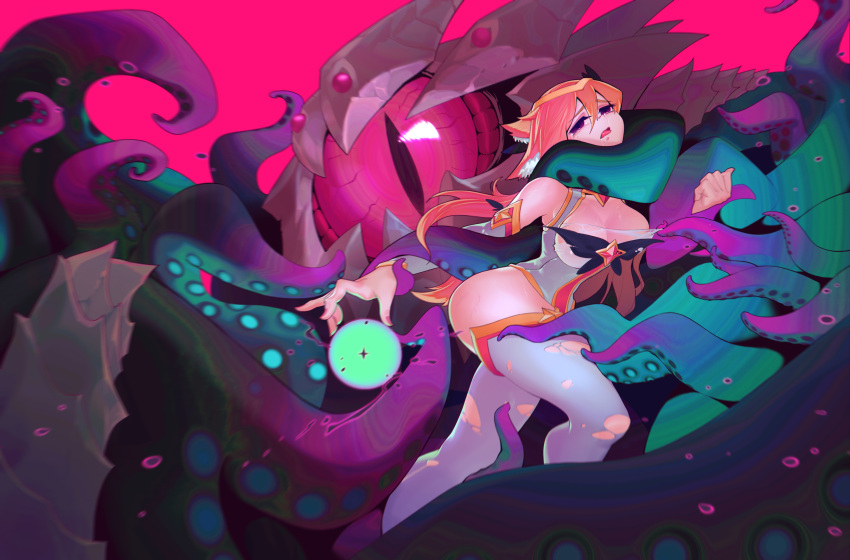 1boy 1girl absurdres ahri animal_ears asphyxiation breasts cleavage crying empty_eyes eyeball fox_ears half-closed_eyes highres kanchou_dairi league_of_legends leotard looking_at_viewer monster nipple_slip nipples orange_hair orb pink_background purple_sclera restrained saliva shirt_pull simple_background star_guardian_ahri tears tentacle thigh-highs tongue tongue_out torn_clothes torn_thighhighs vel'koz