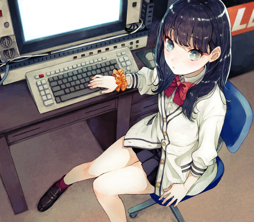 1girl black_footwear black_hair blue_eyes bow bowtie cardigan chair commentary_request computer desk double_horizontal_stripe expressionless fingernails from_above highres indoors knees_together_feet_apart kurodeko loafers looking_at_viewer mousepad_(object) office_chair perspective pleated_skirt school_uniform scrunchie shiny shiny_hair shoes sitting skirt solo ssss.gridman takarada_rikka wrist_scrunchie