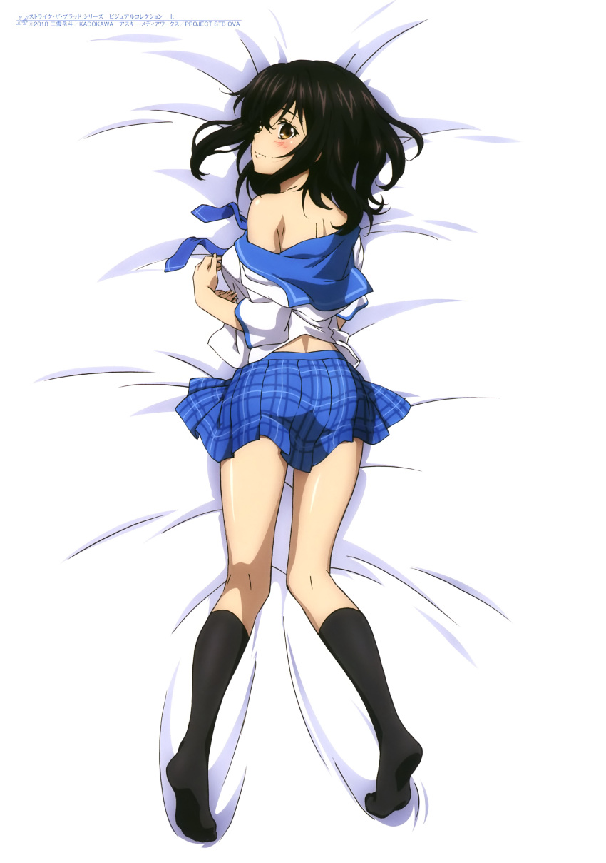 1girl 2018 absurdres bed_sheet black_hair black_legwear blue_neckwear blue_skirt blush brown_eyes copyright_name from_above full_body highres himeragi_yukina kneehighs long_hair looking_at_viewer looking_back lying miniskirt necktie off_shoulder official_art on_stomach pleated_skirt saikai_academy_uniform sailor_collar school_uniform shiny shiny_skin shirt skirt solo strike_the_blood white_shirt