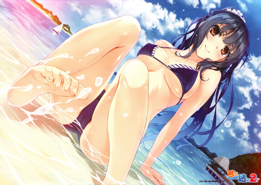 1girl absurdres arm_support bangs bare_arms bare_shoulders barefoot bikini black_hair blue_sky breasts brown_eyes closed_mouth clouds cloudy_sky collarbone day erect_nipples feet head_tilt highres huge_filesize lips logo long_hair medium_breasts misaki_kurehito ocean outdoors shiny shiny_hair shiny_skin sidelocks sitting sky smile soles solo swimsuit toes under_boob water water_drop wet