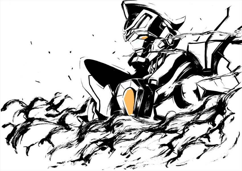 gridman_(ssss) high_contrast ink_(medium) kawabata_yoshiro no_humans orange_eyes portrait spot_color ssss.gridman steam super_robot traditional_media white_background