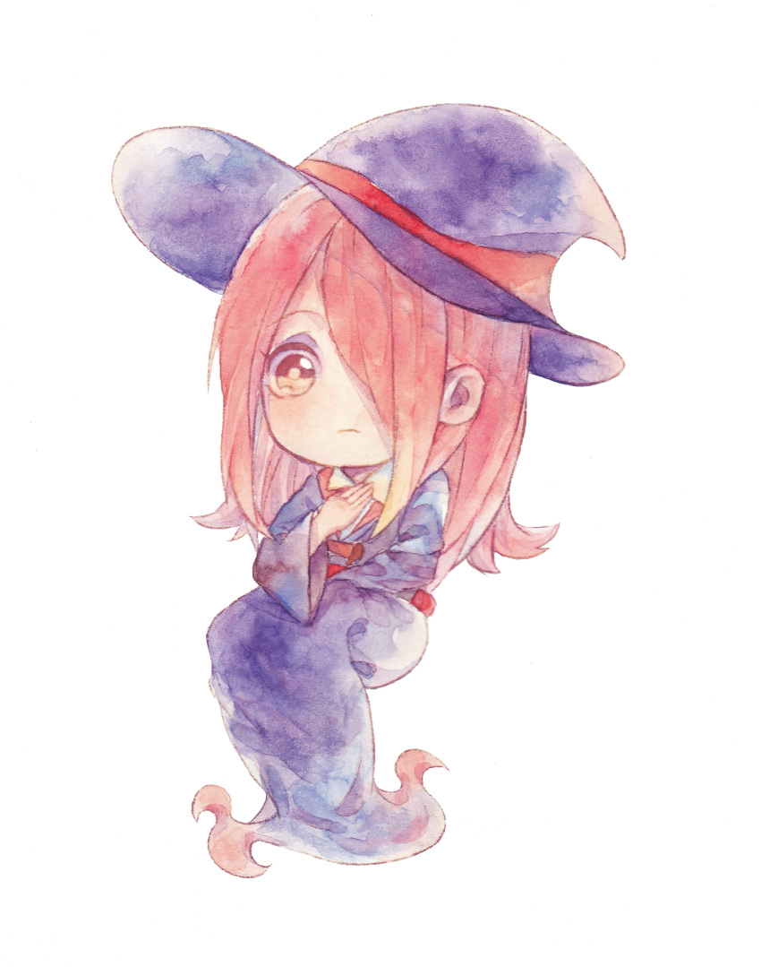 1girl absurdres blush chibi eyebrows_visible_through_hair hair_over_one_eye hand_on_own_chest hat highres little_witch_academia long_hair luna_nova_school_uniform pale_skin pink_hair red_eyes simple_background sitting solo sucy_manbavaran takeoohnagi traditional_media watercolor_(medium) white_background witch witch_hat