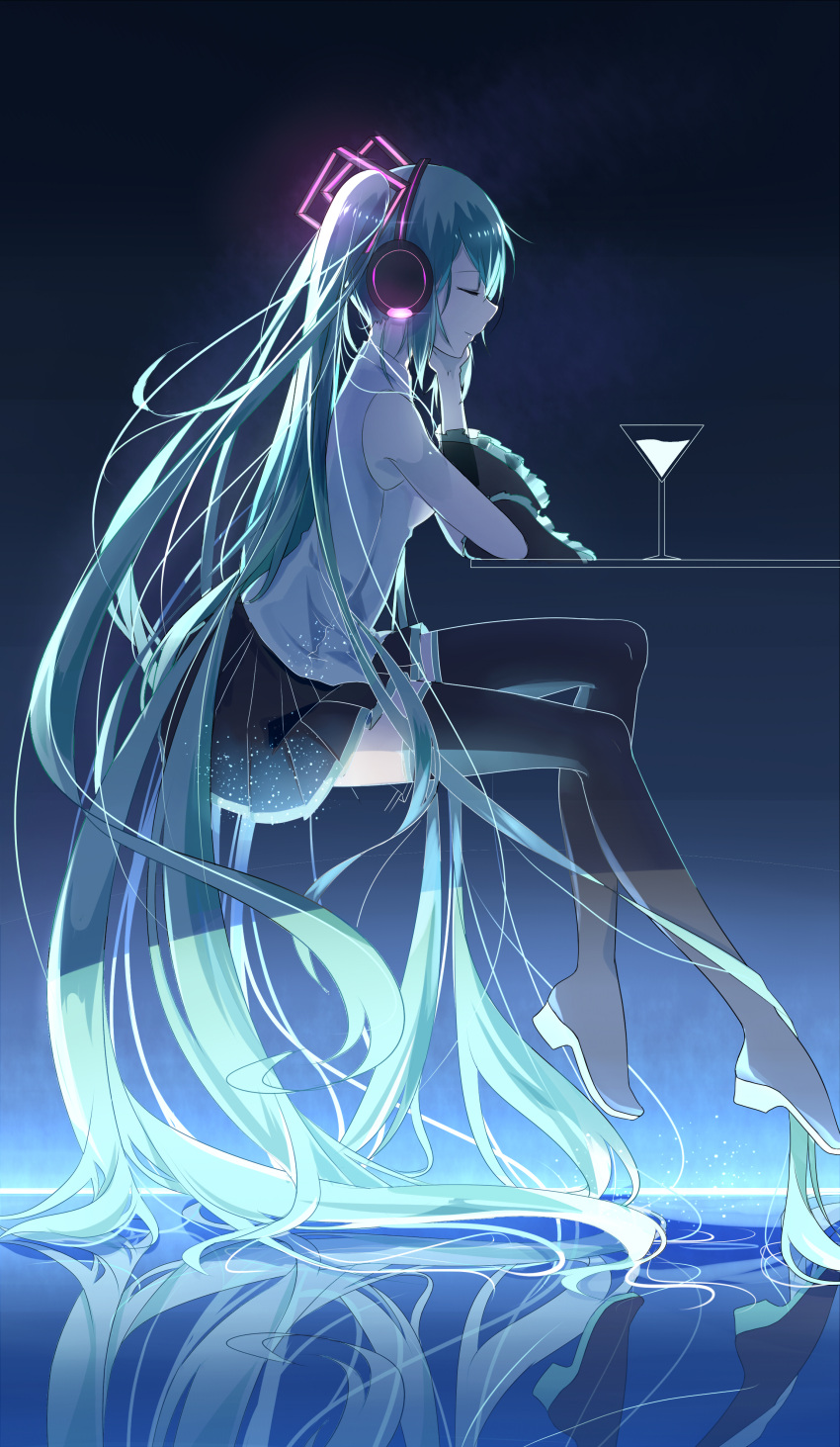 1girl absurdly_long_hair absurdres black_footwear black_skirt blue_hair boots closed_eyes cup drinking_glass floating_hair from_side grey_shirt hatsune_miku headphones highres invisible_chair long_hair miniskirt pleated_skirt shirt sitting skirt sleeveless sleeveless_shirt solo suiboku_tanren table thigh-highs thigh_boots twintails very_long_hair vocaloid zettai_ryouiki