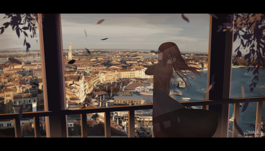 1girl absurdres amatsuki_rei artist_name black_eyes black_skirt brown_hair brown_shirt building city cityscape commentary_request day falling_leaves grey_sky hand_in_hair hand_up harbor highres horizon leaf letterboxed long_hair long_skirt long_sleeves original partial_commentary pillar profile railing scenery shade ship shirt sidelocks signature skirt sky solo standing tower water watercraft wind
