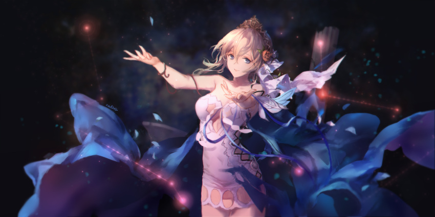 1girl arms_up artist_name bare_arms bare_shoulders blonde_hair blue_cape blue_eyes breasts cape character_request closed_mouth covered_navel cowboy_shot dark_background dress flower glowing granblue_fantasy hair_between_eyes hair_flower hair_ornament hair_ribbon highres medium_breasts outstretched_arms red_flower red_rose ribbon rose short_dress short_hair signature smile solo strapless strapless_dress swd3e2 tiara under_boob underboob_cutout white_dress white_ribbon