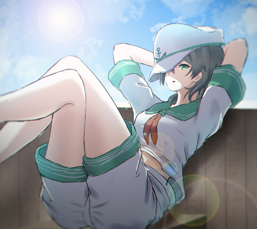 1girl anchor_symbol arms_behind_head ascot ass bare_legs black_hair breasts commentary_request crop_top eyebrows_visible_through_hair green_eyes hat hat_over_one_eye highres legs_crossed legs_up lens_flare looking_at_viewer medium_breasts murasa_minamitsu open_mouth short_sleeves shorts sitting sun teraguchi touhou