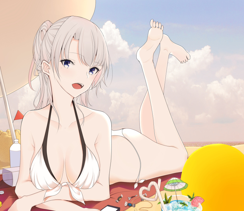 1girl azur_lane bangs bikini blue_eyes breasts collarbone enterprise_(azur_lane) highres long_hair looking_at_viewer lying medium_breasts nue0 on_stomach open_mouth original silver_hair simple_background solo swimsuit