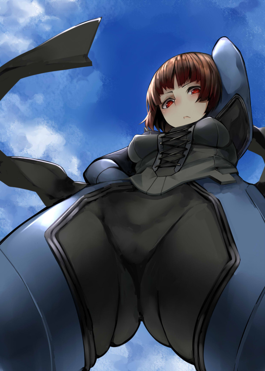 1girl arm_behind_head arm_up ass_visible_through_thighs bangs biker_clothes black_neckwear blue_sky bodysuit brown_hair closed_mouth corset crotch day expressionless foreshortening from_below highres long_sleeves looking_at_viewer looking_down nemu_(nebusokugimi) niijima_makoto outdoors persona persona_5 red_eyes scarf short_hair sky solo standing upper_body