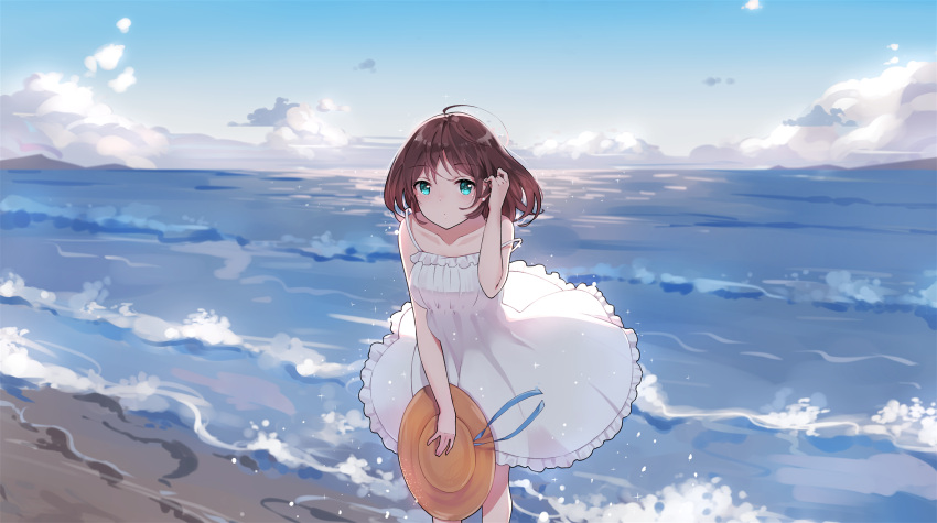 1girl adjusting_hair ahoge aqua_eyes bangs bare_shoulders beach blue_sky blush breasts brown_hair clouds cloudy_sky collarbone day dress eyebrows_visible_through_hair frills hat highres holding holding_hat horizon leaning_forward levi9452 looking_at_viewer medium_breasts ocean original outdoors sand scenery shore short_hair sky solo standing sun_hat water waves white_dress