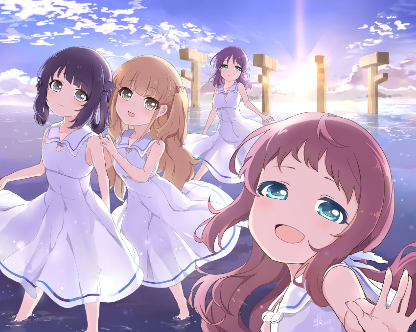 4girls :d absurdres bangs bare_shoulders blue_eyes blue_sky blush bow breasts brown_eyes brown_hair closed_mouth clouds cloudy_sky commentary_request day dress eyebrows_visible_through_hair fingernails hair_bow hair_ornament head_tilt highres hiradaira_chisaki hisanuma_sayu horizon kiri_sakura light_brown_hair long_hair looking_at_viewer mukaido_manaka multiple_girls nagi_no_asukara ocean one_side_up open_mouth outdoors purple_hair red_bow sailor_collar sailor_dress shallow_water shiodome_miuna sky sleeveless sleeveless_dress small_breasts smile standing sunrise very_long_hair wading water white_dress white_sailor_collar