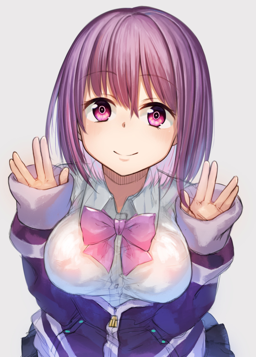 1girl absurdres akky_(akimi1127) bangs black_skirt blush bow breasts closed_mouth collared_shirt commentary_request dress_shirt eyebrows_visible_through_hair grey_background hair_between_eyes hands_up head_tilt highres jacket large_breasts long_sleeves pink_bow pleated_skirt purple_hair purple_jacket salute shinjou_akane shirt simple_background skirt sleeves_past_wrists smile solo ssss.gridman upper_body violet_eyes vulcan_salute white_shirt