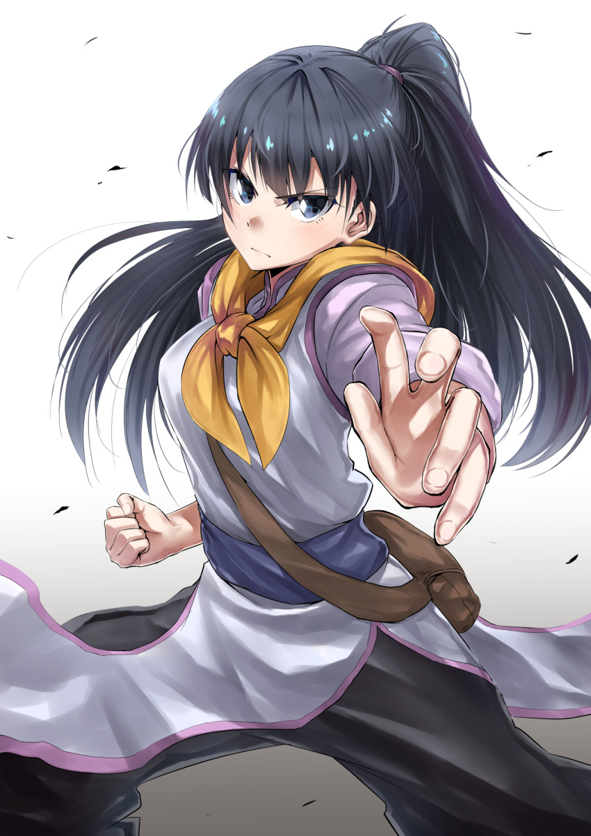 1girl black_hair black_pants blue_eyes breasts clenched_hand fighter_(goblin_slayer!) fighting_stance goblin_slayer! highres long_hair looking_at_viewer medium_breasts pants ponytail scarf solo standing v_r_dragon01 very_long_hair yellow_scarf