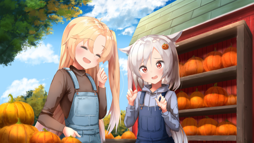 2girls :d ^_^ ame. animal_ears azur_lane bangs barn blonde_hair blue_hoodie blue_sky blush brown_shirt building cleveland_(azur_lane) closed_eyes closed_eyes clouds cloudy_sky commentary_request day drawstring eyebrows_visible_through_hair food_themed_hair_ornament hair_between_eyes hair_ornament hand_in_pocket hand_up hands_up head_tilt hood hood_down hoodie long_hair long_sleeves montpelier_(azur_lane) multiple_girls one_side_up open_mouth outdoors overalls pumpkin pumpkin_hair_ornament red_eyes shirt silver_hair sky smile standing tree upper_body very_long_hair