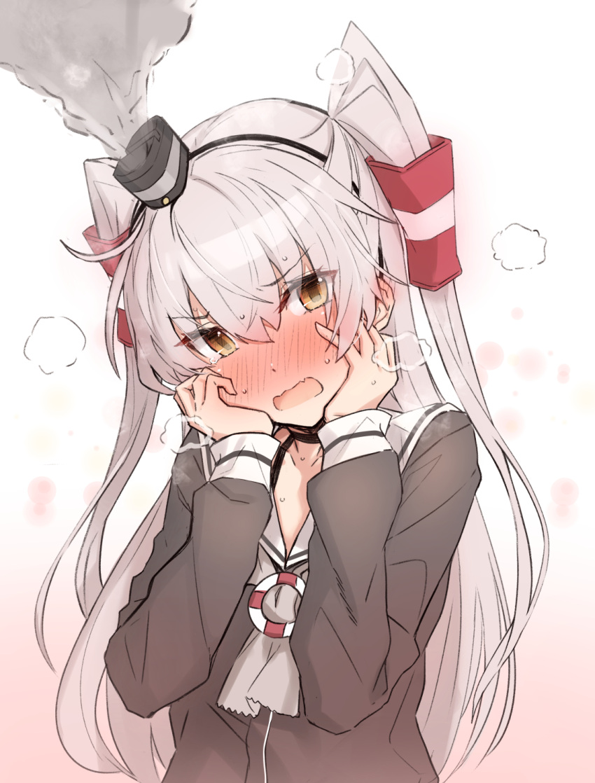 1girl amatsukaze_(kantai_collection) black_choker black_hairband blush brown_eyes brown_shirt choker commentary_request embarrassed eyebrows_visible_through_hair full-face_blush gradient gradient_background grey_hair grey_neckwear hair_tubes hairband hands_on_own_cheeks hands_on_own_face hands_up head_tilt highres kantai_collection long_hair long_sleeves neckerchief sarong school_uniform serafuku shirt smoke smokestack solo straight_hair sweat takanashi_kei_(hitsujikan) tears two_side_up v-shaped_eyebrows very_long_hair white_background white_sarong