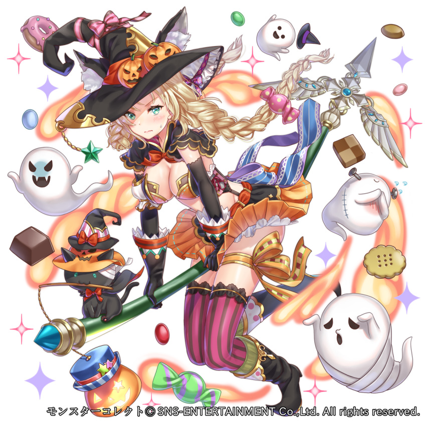 1girl animal_ear_fluff animal_ears black_cat black_footwear blush braid breasts cat chocolate cleavage company_name cookie doughnut elbow_gloves fantasy food ghost gloves green_eyes hakuda_tofu halloween hat highres looking_at_viewer medium_breasts midriff monster_collect nail official_art orange_skirt pumpkin_hat ribbon skirt stitches striped striped_legwear sweatdrop sweets thigh_ribbon thighs vertical_stripes wavy_mouth witch witch_hat wrapped_candy