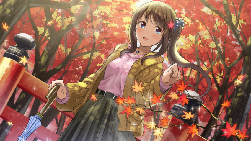 1girl autumn autumn_leaves baggy_clothes bangs belt_buckle black_belt blue_eyes blue_umbrella blush breasts brown_cardigan brown_hair buckle closed_umbrella collarbone commentary dappled_sunlight dutch_angle eyebrows_visible_through_hair falling_leaves fingernails floating_hair gem grey_skirt hair_ornament hair_scrunchie highres holding holding_umbrella jewelry leaf lens_flare long_hair long_sleeves maple_leaf medium_breasts necklace open_mouth original outdoors pendant pocket polka_dot polka_dot_scrunchie scrunchie side_ponytail sidelocks skirt smile solo sparkle standing sunlight tree umbrella yoropa