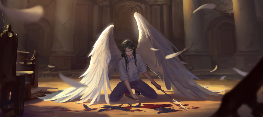 1boy angel angel_wings bangs black_feathers black_hair black_pants blood blurry brown_eyes church_interior collared_shirt commentary_request cross day depth_of_field engrish_commentary facing_viewer feathered_wings feathers glasses highres holding holding_sword holding_weapon indoors kneeling long_hair male_focus mixed-language_commentary original pants parted_bangs partial_commentary san_rode scenery shirt silk solo spider_web spread_wings sunlight sword weapon white_feathers white_shirt wing_collar wings