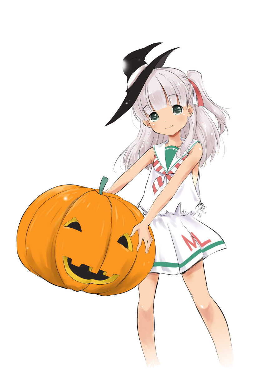 1girl absurdres artist_request bangs blunt_bangs closed_mouth commentary_request dress eyebrows_visible_through_hair green_eyes hair_ribbon halloween hat highres kantai_collection long_hair looking_at_viewer maestrale_(kantai_collection) one_side_up pumpkin ribbon sailor_collar sailor_dress silver_hair simple_background sleeveless sleeveless_dress smile solo tan tanline white_background white_dress white_ribbon witch_hat