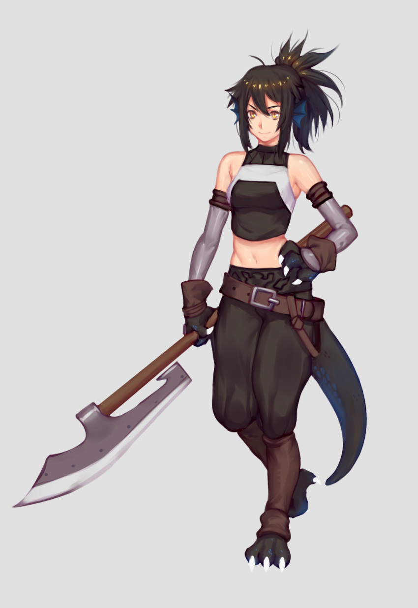 belt black_hair claws highres holding holding_weapon original slit_pupils sunna_(nilsunna) tagme tail weapon yellow_eyes