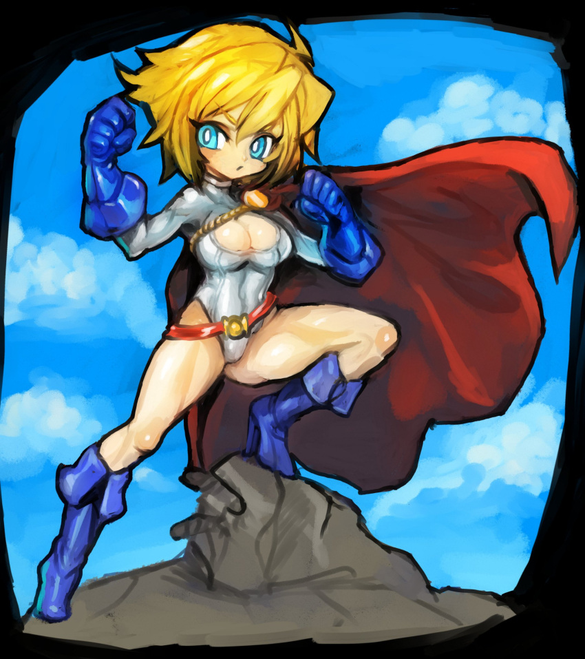 1girl bangs belt black_border blonde_hair blue_eyes blue_footwear blue_gloves boots border breasts cape cleavage cleavage_cutout clouds dakusuta dc_comics gloves hair_between_eyes high_heels highres leotard power_girl red_cape short_hair sky solo superhero white_leotard