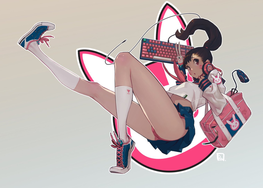 1girl artist_logo ass bag blue_footwear blue_skirt breasts brown_eyes brown_hair bunny_symbol commentary_request crop_top d.va_(overwatch) duto facepaint full_body gradient gradient_background grey_background holding holding_phone keyboard kneehighs long_hair long_sleeves looking_at_viewer medium_breasts navel neckerchief overwatch panties phone pink_neckwear pink_panties pleated_skirt ponytail shirt shoes shoulder_bag skirt sleeves_past_wrists sneakers solo stomach underwear upskirt whisker_markings white_legwear white_shirt