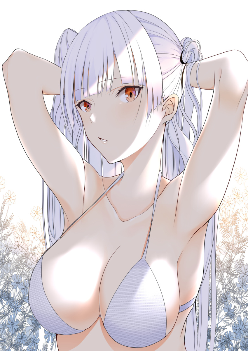 1girl armpits arms_behind_head arms_up bangs bikini bra breasts cleavage collarbone highres large_breasts long_hair looking_at_viewer nue0 original parted_lips red_eyes silver_hair simple_background solo swimsuit underwear upper_body
