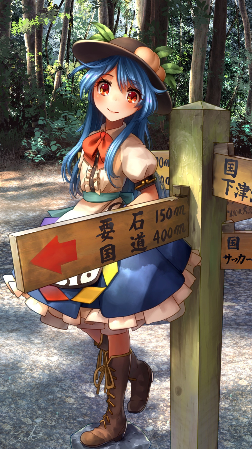 1girl black_hat blue_hair blue_skirt boots brown_footwear center_frills commentary_request cross-laced_footwear eyebrows_visible_through_hair eyes_visible_through_hair food forest fruit full_body hat hay highres hinanawi_tenshi knee_boots long_hair looking_at_viewer nature outdoors peach puffy_short_sleeves puffy_sleeves red_eyes red_neckwear shirt short_sleeves signpost skirt smile solo standing touhou tree welt_(kinsei_koutenkyoku) white_shirt