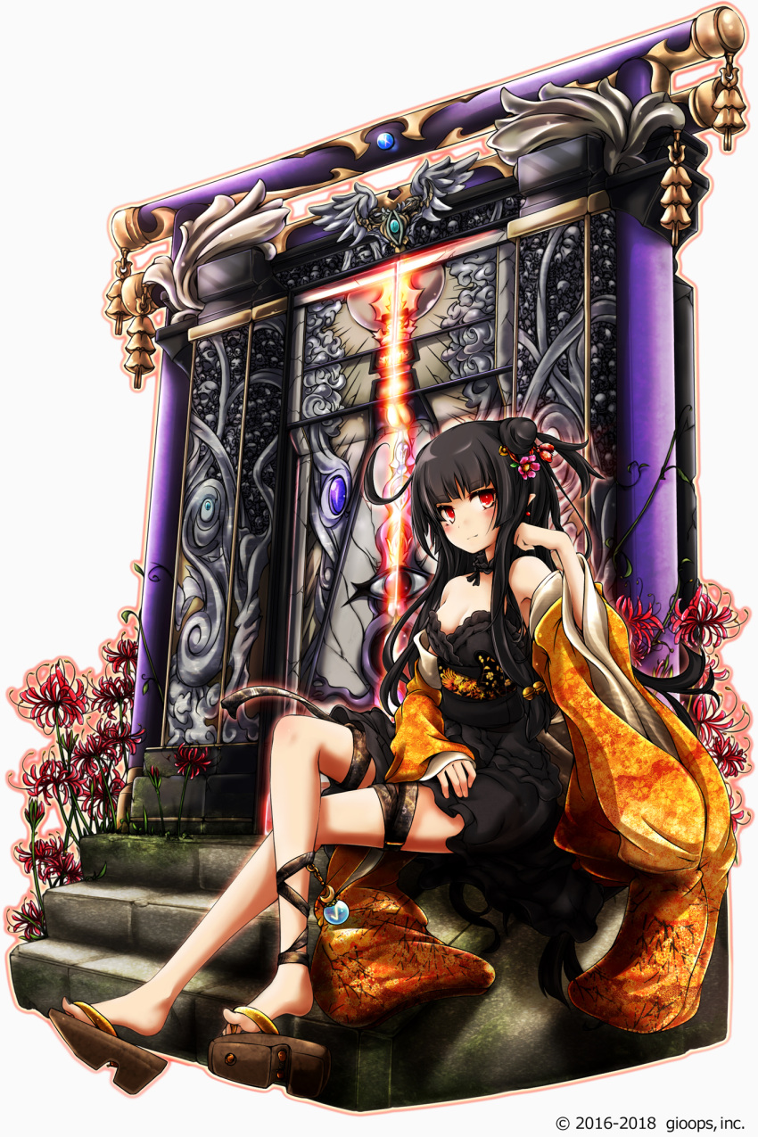1girl akino_coto bare_shoulders black_dress black_hair blush breasts cleavage detached_collar door dress eyebrows_visible_through_hair fang hair_ornament highres japanese_clothes kimono long_hair looking_at_viewer medium_breasts obi open_clothes open_kimono original red_eyes sandals sash sitting smile solo strapless strapless_dress white_background wide_sleeves