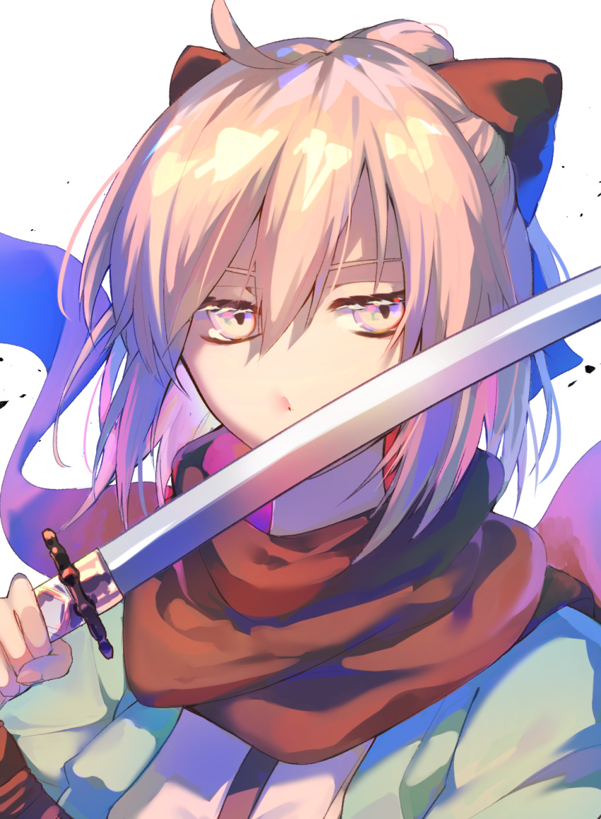 1girl ahoge eyebrows_visible_through_hair fate/grand_order fate_(series) hair_between_eyes highres hikari50503 katana okita_souji_(fate) okita_souji_(fate)_(all) red_scarf scarf solo sword upper_body weapon white_background