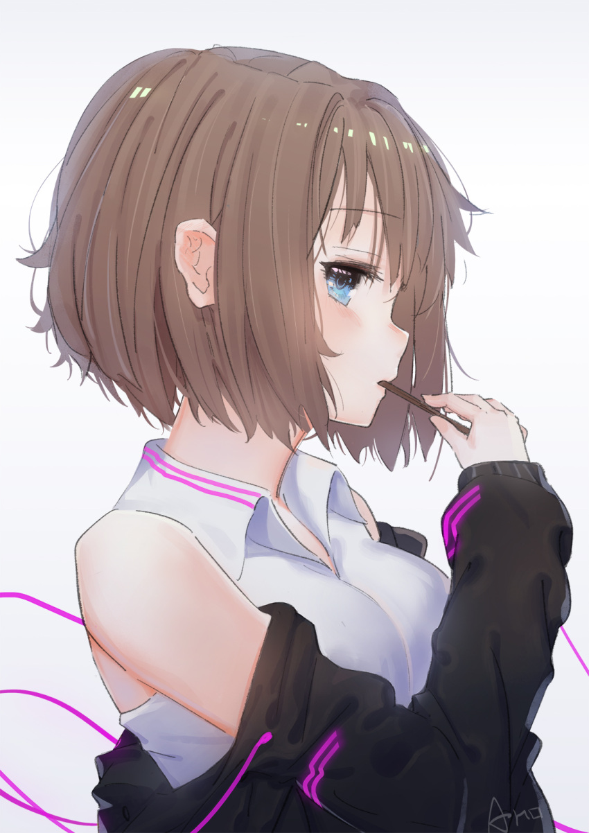 1girl ano54 artist_name bare_shoulders black_jacket blue_eyes blush breasts brown_hair collared_shirt commentary_request double_vertical_stripe ear_blush from_side gradient gradient_background grey_background hand_up highres holding jacket long_sleeves looking_away medium_breasts nose_blush off_shoulder open_clothes open_jacket original profile shirt short_hair solo string upper_body white_shirt wing_collar