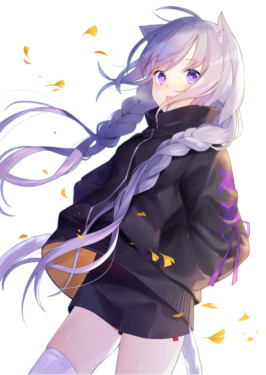 1girl :o absurdres ahoge animal_ear_fluff animal_ears bangs black_coat black_shorts blush braid breasts cat_ears cat_tail cowboy_shot dutch_angle eyebrows_visible_through_hair fang floating_hair hands_in_pockets high_collar highres ion_(on01e) lavender_hair leaf long_hair long_sleeves looking_at_viewer medium_breasts open_mouth original short_shorts shorts solo standing symbol_in_eye tail thigh-highs twin_braids very_long_hair violet_eyes white_legwear