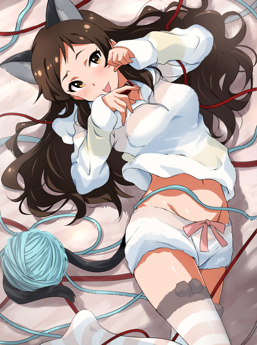 1girl absurdres animal_ears brown_eyes brown_hair cat_ears cat_tail commentary_request highres idolmaster idolmaster_million_live! kitazawa_shiho leash long_hair looking_at_viewer lying midriff navel on_back rope shorts solo striped striped_hoodie striped_legwear tail thigh-highs tokiani tongue tongue_out yarn yarn_ball