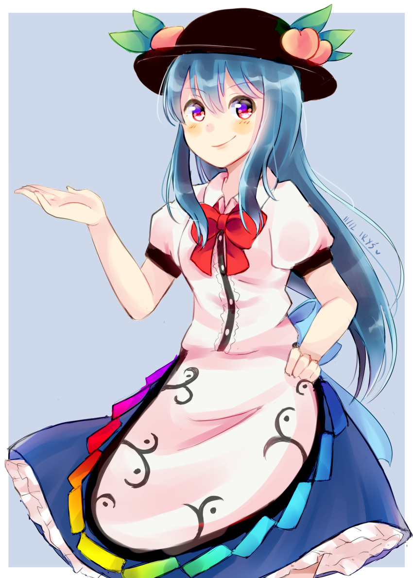 1girl absurdres artist_name black_hair black_hat blue_hair blush bow food fruit hat highres hinanawi_tenshi iriel long_hair looking_at_viewer peach puffy_short_sleeves puffy_sleeves short_sleeves simple_background solo touhou