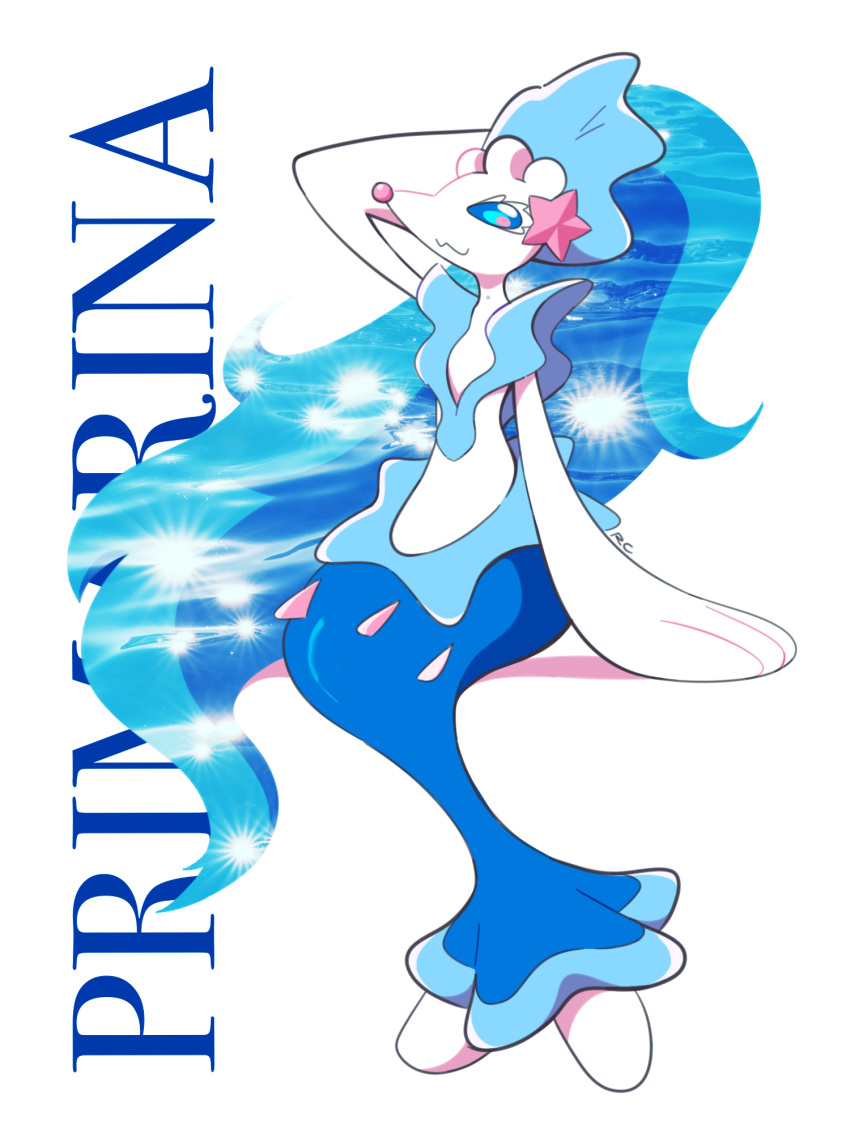 :3 artsy-rc blue_eyes blue_hair creatures_(company) game_freak gen_7_pokemon hair_ornament highres jewelry long_hair looking_at_viewer name nintendo pokemon pokemon_(creature) pokemon_(game) pokemon_sm primarina sea_lion simple_background smile very_long_hair