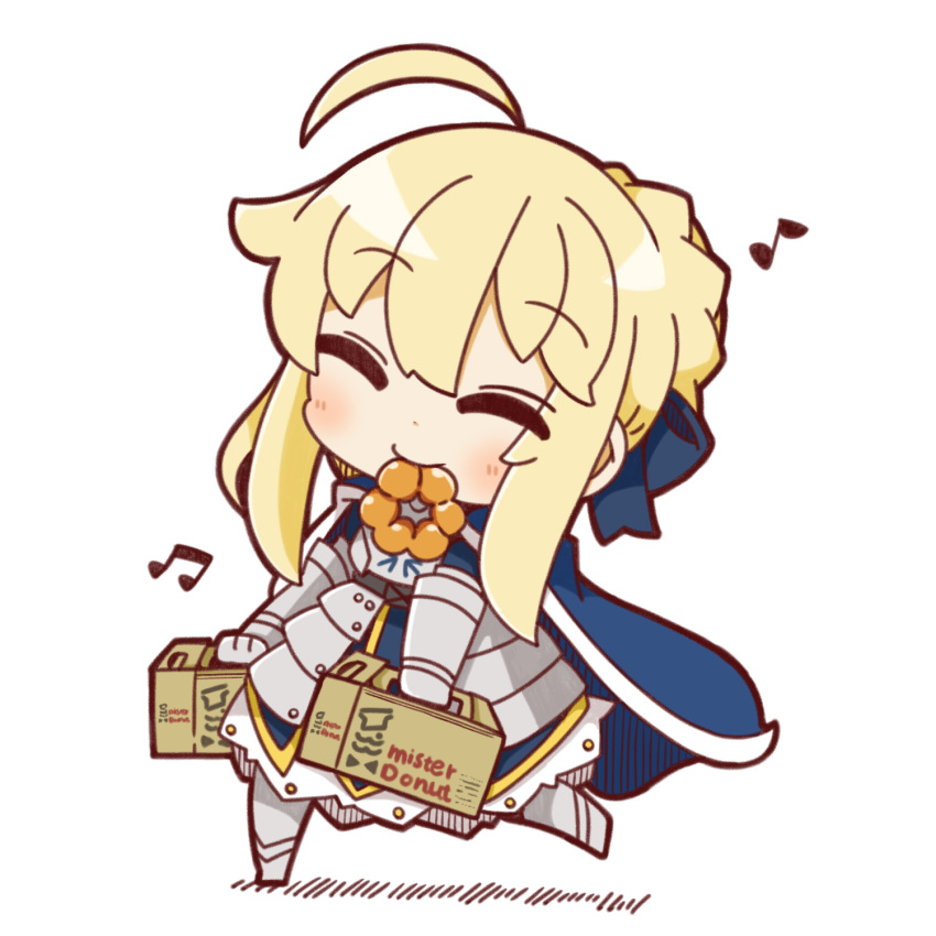 1girl ahoge armored_skirt artoria_pendragon_(all) blonde_hair cape chibi closed_eyes doughnut eyebrows_visible_through_hair fate/stay_night fate_(series) food food_in_mouth full_body gauntlets highres musical_note nuu_(nu-nyu) pastry_box saber solo walking