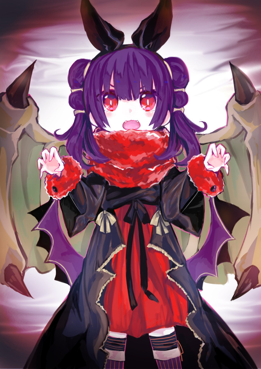 1girl animal_ears bat_ears dragon_wings dress fake_animal_ears fire_emblem fire_emblem:_seima_no_kouseki fire_emblem_heroes fur_trim halloween_costume highres ku_zensen long_sleeves mamkute multi-tied_hair myrrh nintendo open_mouth purple_hair red_eyes solo standing twintails wings