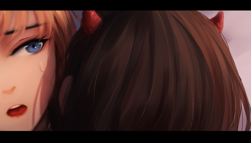 2girls bangs bed_sheet blue_eyes brown_hair demon_horns eyebrows_visible_through_hair face facing_away horns letterboxed light_brown_hair lying multiple_girls on_back original parted_lips round_teeth shimmer sweat teeth upper_teeth yuri