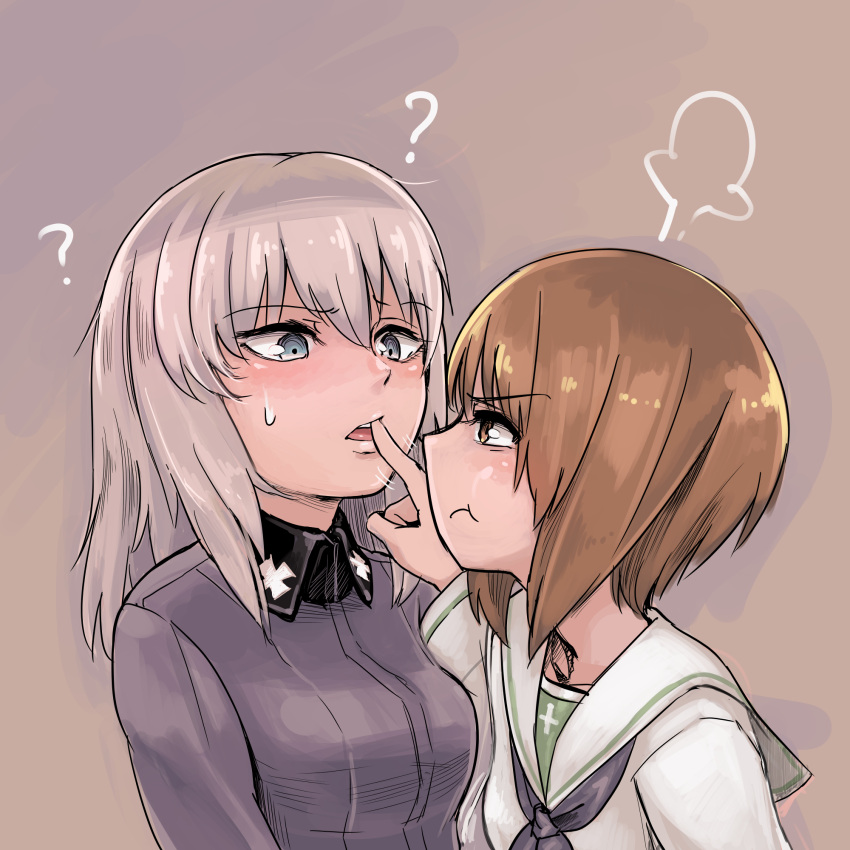 2girls :t ? angry aomushi_(mushamusha) bangs black_neckwear blouse blue_eyes brown_eyes brown_hair commentary dress_shirt emblem eyebrows_visible_through_hair finger_to_another's_mouth fume girls_und_panzer grey_shirt half-closed_eyes highres itsumi_erika lips long_hair long_sleeves looking_at_another motion_lines multiple_girls neckerchief nishizumi_miho ooarai_school_uniform pout school_uniform serafuku shirt short_hair silver_hair standing v-shaped_eyebrows white_blouse