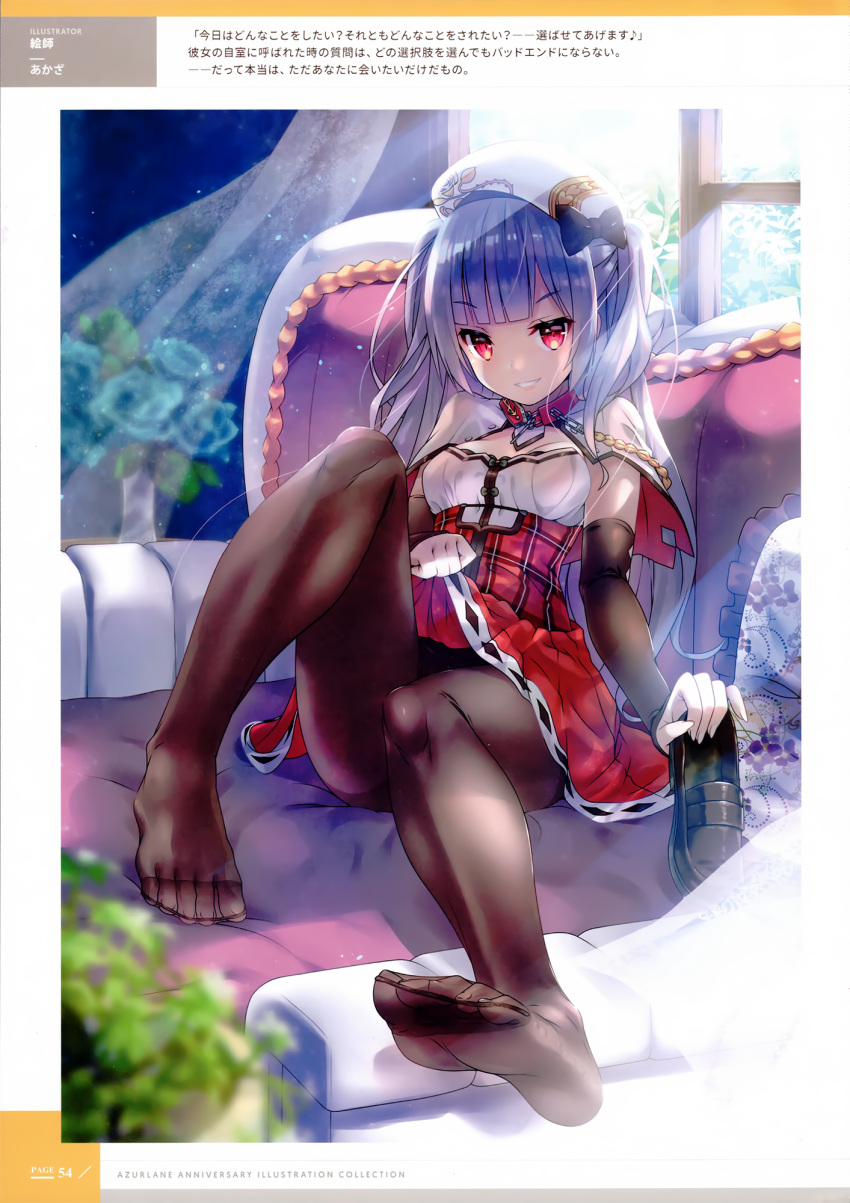 1girl ajax_(azur_lane) akaza azur_lane beret black_legwear breasts capelet cleavage couch detached_sleeves feet flower hat highres holding lifted_by_self looking_at_viewer official_art pantyhose parted_lips pillow red_eyes rose shoe_removed silver_hair sitting skirt skirt_lift smile solo sunlight two_side_up wind window