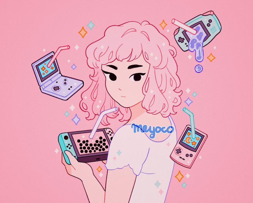 1girl artist_name bangs bendy_straw black_eyes crescent crescent_moon drink drinking_straw from_behind game_boy_advance game_boy_advance_sp game_boy_color game_console handheld_game_console holding liquid looking_at_viewer looking_back medium_hair meyoco moon nintendo nintendo_switch original pink_background pink_hair pun shirt short_sleeves simple_background solo sparkle star upper_body white_shirt