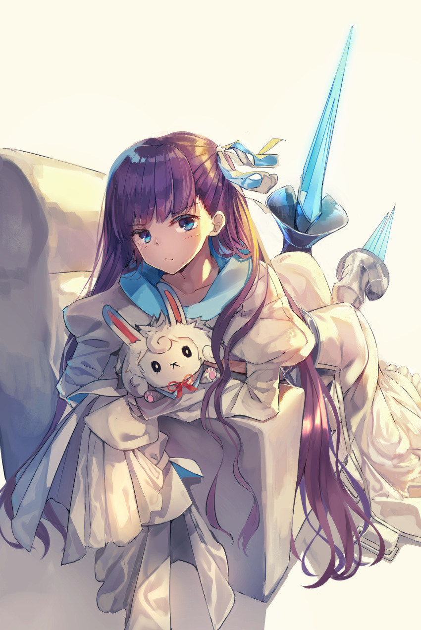1girl blue_eyes couch fate/extra fate/extra_ccc fate/grand_order fate_(series) fou_(fate/grand_order) hair_ribbon highres hopepe legs_up long_hair lying meltlilith on_stomach purple_hair ribbon sleeves_past_fingers sleeves_past_wrists stuffed_animal stuffed_toy very_long_hair