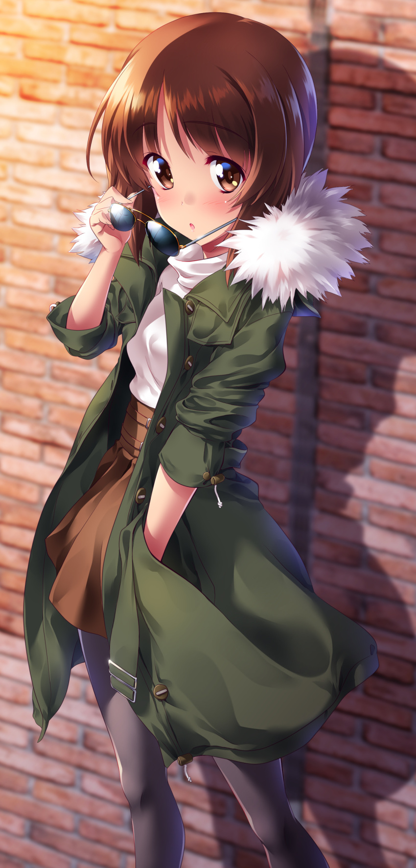 1girl :o absurdres bangs black_legwear blush breasts brick_wall brown_eyes brown_hair brown_skirt buttons casual commentary_request cowboy_shot day eyebrows_visible_through_hair fingernails girls_und_panzer hand_in_pocket hand_up high-waist_skirt highres holding holding_eyewear jacket kuzuryuu_kennosuke legs_apart long_fingernails long_sleeves looking_at_viewer nishizumi_miho open_clothes open_jacket open_mouth outdoors pantyhose shirt short_hair skirt solo standing sunglasses turtleneck white_shirt