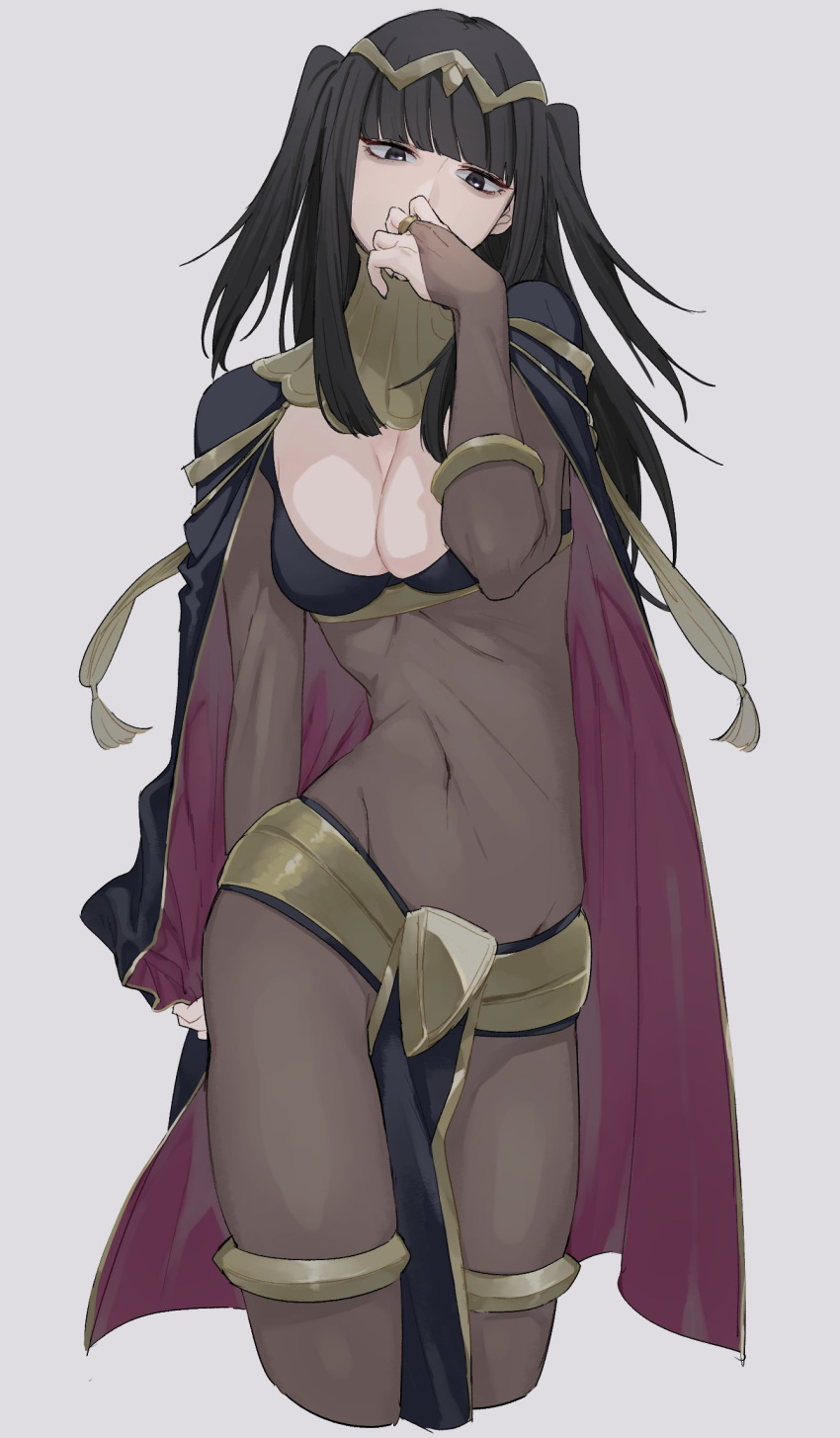 1girl black_eyes black_hair bracelet breasts cape cleavage elbow_gloves fire_emblem fire_emblem:_kakusei gloves grey_background highres itou_(very_ito) jewelry looking_at_viewer medium_breasts nintendo ring simple_background solo tharja thigh-highs twintails