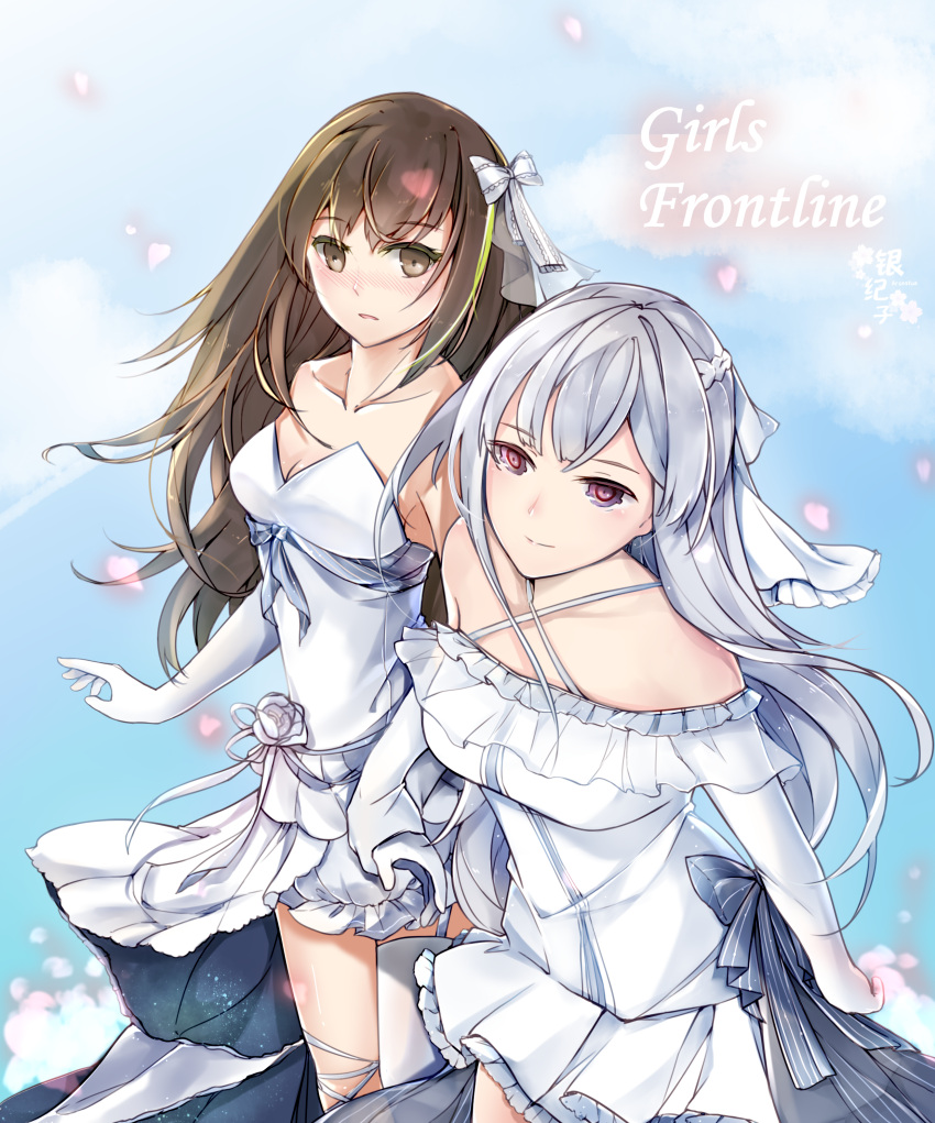 2girls absurdres ak-12_(girls_frontline) argentum127 bride brown_eyes brown_hair dress girls_frontline hair_ornament highres jewelry long_hair m4a1_(girls_frontline) multiple_girls ring silver_hair simple_background violet_eyes wedding wedding_band wedding_dress