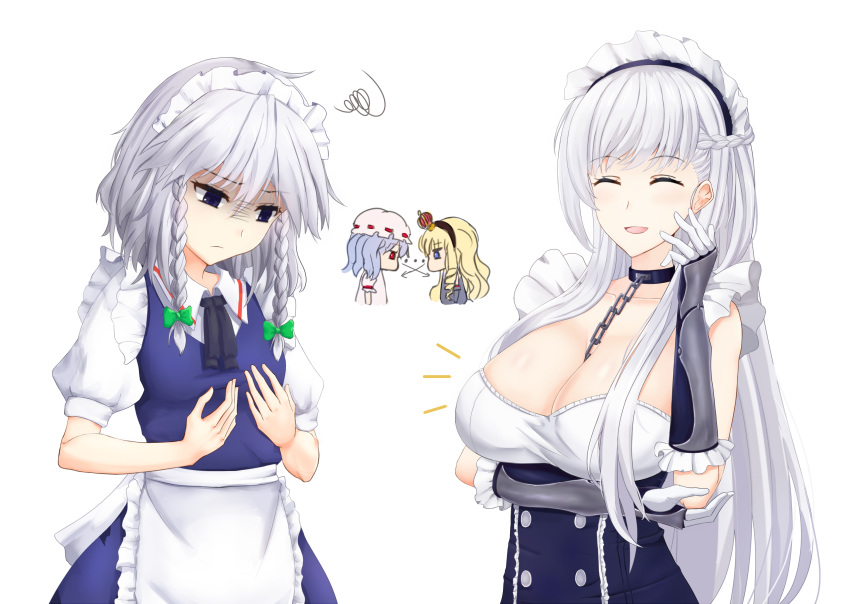 4girls apron azur_lane bangs belfast_(azur_lane) blonde_hair blue_dress blue_eyes blue_hair blush bow braid breast_envy breasts chains cleavage collar collarbone dress eyebrows_visible_through_hair facing_viewer french_braid frilled_apron frills gloves green_bow hair_bow hand_up hat highres izayoi_sakuya large_breasts long_hair maid maid_apron maid_headdress medium_hair multiple_girls puffy_short_sleeves puffy_sleeves queen_elizabeth_(azur_lane) red_eyes remilia_scarlet shaded_face short_hair short_sleeves silver_hair simple_background small_breasts smile touhou twin_braids user_msak5472 white_gloves