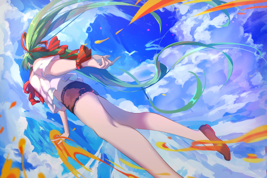 1girl arm_at_side blue_sky clouds dutch_angle from_below green_hair hatsune_miku highres hikari50503 long_hair outstretched_arm shorts sky solo twintails upshirt vocaloid