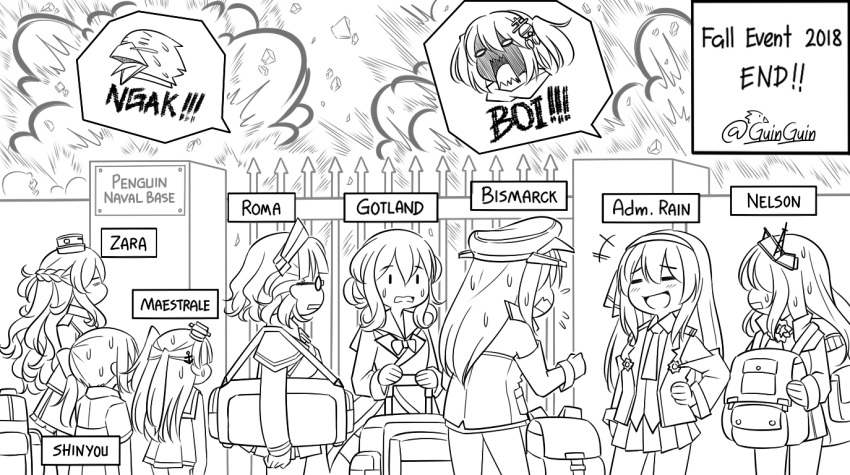 1other 6+girls anger_vein angry bag bismarck_(kantai_collection) character_name english explosion female_admiral_(kantai_collection) fence flying_sweatdrops gate gotland_(kantai_collection) guin_guin kantai_collection lineart long_hair luggage maestrale_(kantai_collection) monochrome multiple_girls nelson_(kantai_collection) non-human_admiral_(kantai_collection) roma_(kantai_collection) sendai_(kantai_collection) shin'you_(kantai_collection) short_hair twitter_username