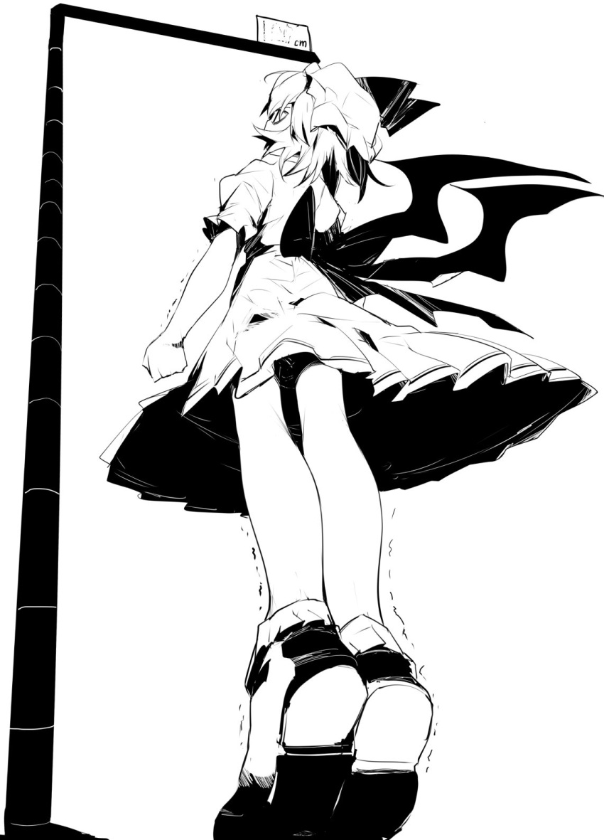 1girl bat_wings bow clenched_hands commentary_request dress full_body greyscale hat height height_conscious highres ikurauni juliet_sleeves loafers long_sleeves looking_up mob_cap monochrome perspective puffy_sleeves remilia_scarlet shaking shoes short_hair short_sleeves simple_background skirt solo stretch the_embodiment_of_scarlet_devil tiptoes touhou white_background wings