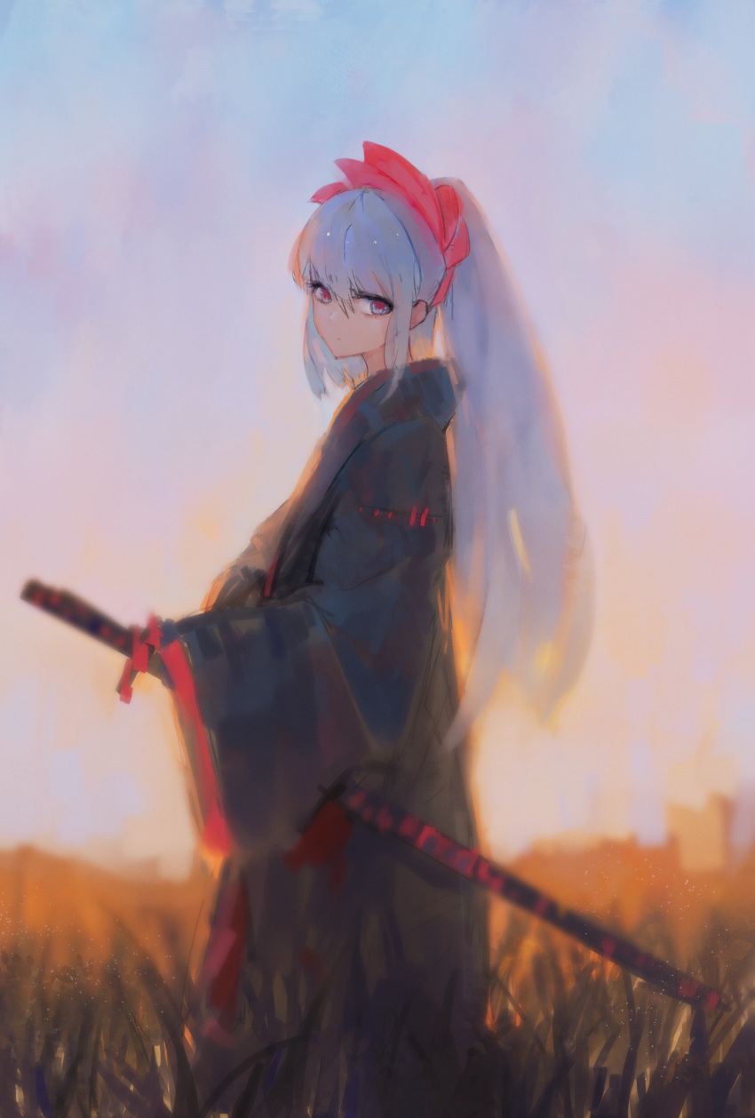 1girl absurdres bangs black_hakama blue_hair blue_sky closed_mouth commentary_request day field hair_between_eyes hair_ornament hakama head_tilt high_ponytail highres holding holding_sheath japanese_clothes katana kisei2 long_hair long_sleeves looking_at_viewer looking_to_the_side original outdoors ponytail red_eyes sheath sheathed sidelocks sky sleeves_past_fingers sleeves_past_wrists solo standing sword very_long_hair weapon wide_sleeves